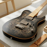 Electric Guitar Burl Wood Look Printed Top Modern Double Cut 6 String HH Pickups Tremolo Maple Neck Gloss Finish