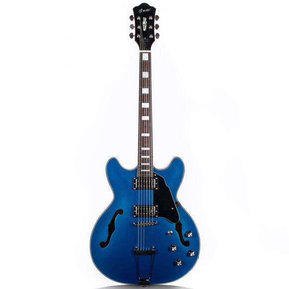 Grote Full Scale Electric Guitar Semi-Hollow Body Guitar with Metal Finished and Stainless Steel Frets (Blue)