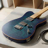 Electric Guitar Burl Wood Look Printed Top Modern Double Cut 6 String HH Pickups Tremolo Maple Neck Gloss Finish