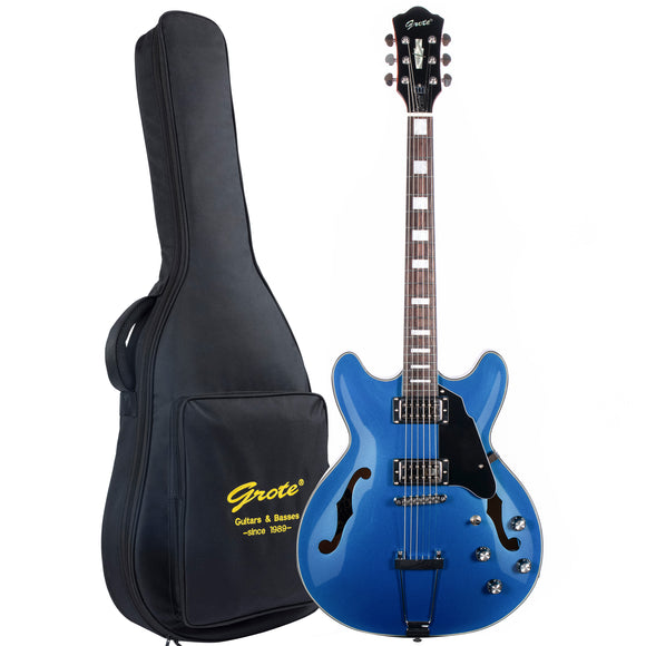 Grote Full Scale Electric Guitar Semi-Hollow Body Guitar with Metal Finished and Stainless Steel Frets with gigbag(Blue)