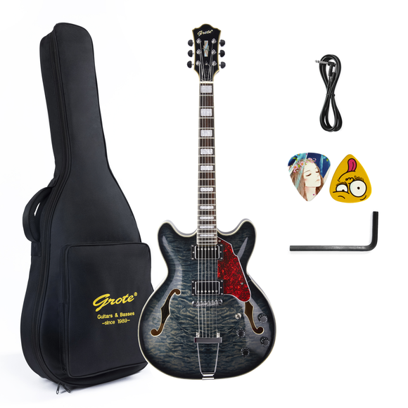GROTE 335 style Semi-Hollow Body Jazz Electric Guitar with Gigbag (DH-BK)