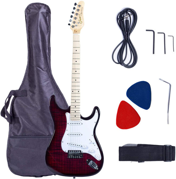 Grote Electric Guitar ST Style Full-Size Printed Pawlonia Solid Body Canadian Maple Neck Chrome Hardware with Gigbag Picks (Red/Brown/Blue/Purple)