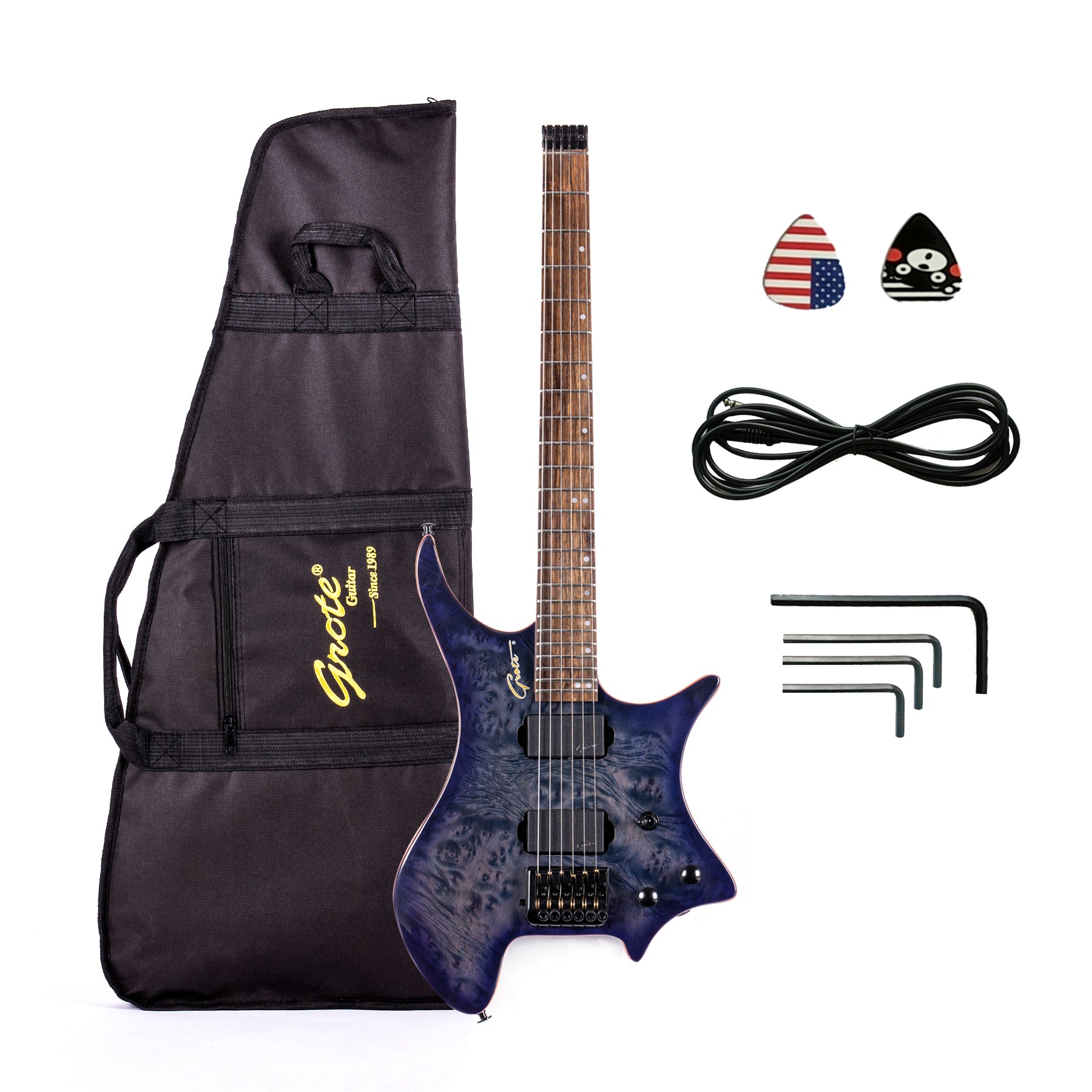 輝く高品質な figure burl Guitar Electric Headless Grote veneer body top ギター